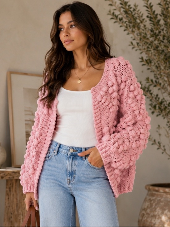 ShopEvelynne Sweaters - ShopEvelynne Pink Chunky Pom-Pom Knit Cardigan